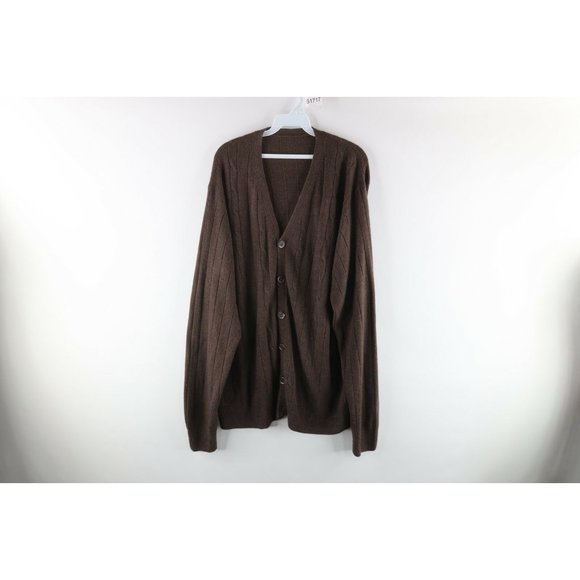 Vintage 90s Grunge Mens XL Wool Cable Knit Kurt Cobain Cardigan Sweater Brown